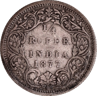 Silver Quarter Rupee Coin of Victoria Empress of Bombay Mint of 1877.
