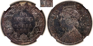 Very Rare NGC MS 61 Graded Silver Quarter Rupee Coin of Victoria Empress of Bombay Mint of 1889.