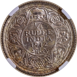 Very Rare NGC MS 64 Graded Silver Quarter Rupee Coin of King George V of Bombay Mint of 1912.