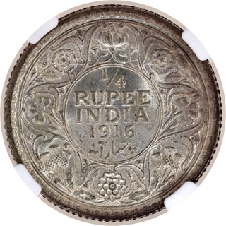 Rare NGC MS 63 Graded Silver Quarter Rupee Coin of King George V of Calcutta Mint of 1916.