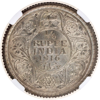 Scarce NGC MS 63 Graded Silver Quarter Rupee Coin of King George V of Calcutta Mint of 1916.