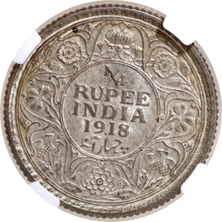 Scarce NGC MS 63 Graded Silver Quarter Rupee Coin of King George V of Calcutta Mint of 1918.