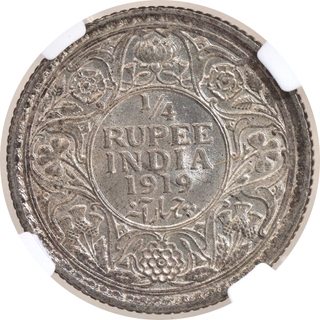 Scarce NGC MS 63 Graded Silver Quarter Rupee Coin of King George V of Calcutta Mint of 1919.