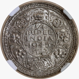 Rare NGC MS 63 Graded Silver Quarter Rupee Coin of King George VI of Bombay Mint of 1945.