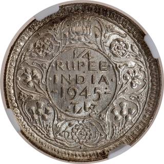 Rare NGC MS 61 Graded Large Five Silver Quarter Rupee Coin of King George VI of Bombay Mint of 1945.