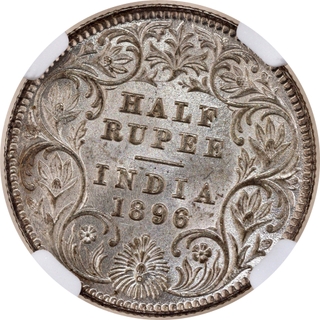 Extremely Rare NGC MS 62 Graded Silver Half Rupee Coin of Victoria Empress of Calcutta Mint of 1896.