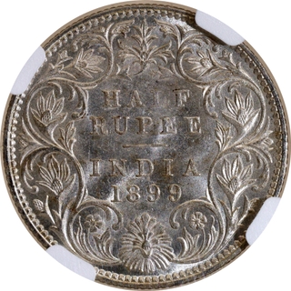 Rare NGC MS 62 Graded Silver Half Rupee Coin of Victoria Empress of Bombay Mint of 1899.