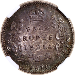 Very Rare NGC MS 61 Graded Silver Half Rupee Coin of King Edward VII of Calcutta Mint of 1910.