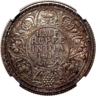 Very Rare NGC MS 64 Graded Silver Half Rupee Coin of King George V of Bombay Mint of 1912.
