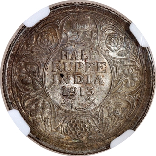 Extremely Rare NGC MS 63 Graded Silver Half Rupee Coin of King George V of Calcutta Mint of 1913.