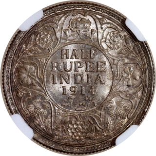 Rare NGC MS 63 Graded Silver Half Rupee Coin of King George V of Bombay Mint of 1914.