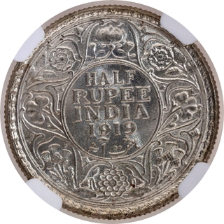Scarce NGC MS 63 Graded Silver Half Rupee Coin of King George V of Bombay Mint of 1919.
