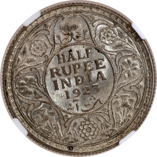 Rare NGC MS 62 Graded Silver Half Rupee Coin of King George V of Calcutta Mint of 1923.