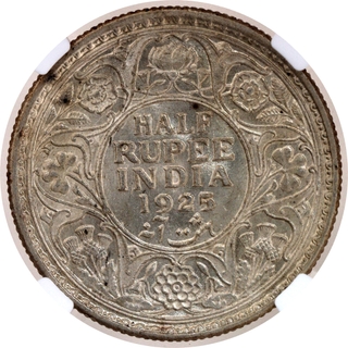Rare NGC MS 63 Graded Silver Half Rupee Coin of King George V of Calcutta Mint of 1925.