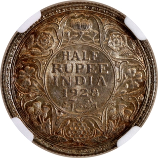 Rare NGC MS 61 Graded Silver Half Rupee Coin of King George V of Bombay Mint of 1928.