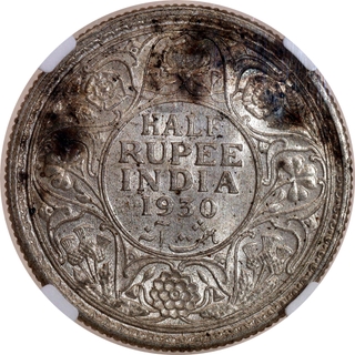 Rare Date NGC MS 64 Graded King George V of Silver Half Rupee Coin of Calcutta Mint of 1930.