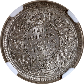 Very Rare NGC AU 58 Graded Large Five Silver Half Rupee Coin of King George VI of Lahore Mint of 1945.
