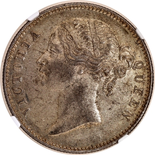 NGC AU 58 Graded Silver One Rupee Coin of Victoria Queen Divided Legend of Calcutta/Bombay Mint of 1840.