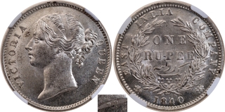 Very Rare NGC MS 62 Graded Silver One Rupee Coin of Victoria Queen Divided Legend of Calcutta/Bombay Mint of 1840.