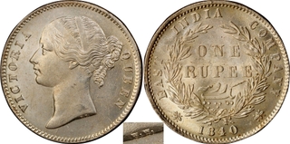 Very Rare PCGS MS 62 Graded Silver One Rupee Coin of Victoria Queen Divided Legend of Calcutta Mint of 1840.