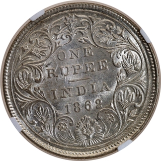 Rare NGC MS 62 Graded Silver One Rupee Coin of Victoria Queen of Bombay Mint of 1862.