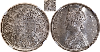 Rare NGC MS 62 Graded Silver One Rupee Coin of Victoria Queen of Bombay Mint of 1862 of B/II/2/0.