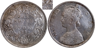 Rare Silver One Rupee Coin of Victoria Queen of Bombay Mint of 1862 of B/II/4/0 Dots.