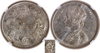 Rare NGC MS 61 Graded Silver One Rupee Coin of Victoria Queen of Bombay Mint of 1862 of B/II/0/3 Dots.
