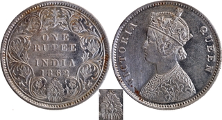Rare Silver One Rupee Coin of Victoria Queen of Bombay Mint of 1862 of A/I/0/4 Dots.