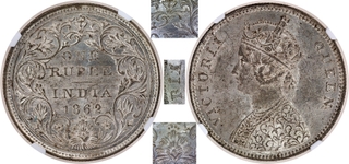 Scarce NGC MS 61 Graded Silver One Rupee Coin of Victoria Queen of Bombay Mint of 1862 of A/II/0/4 Dots.