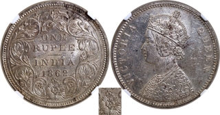 NGC MS 61 Graded Silver One Rupee Coin of Victoria Queen of Bombay Mint of 1862 of A/II/0/4 Dots.