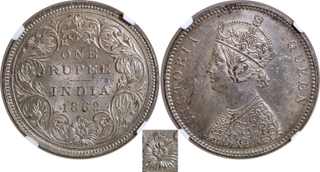 Scarce NGC MS 62 Graded Silver One Rupee Coin of Victoria Queen of Bombay Mint of 1862 of A/II/0/5 Dots.