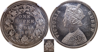 Scarce NGC MS 62 Graded Silver One Rupee Coin of Victoria Queen of Bombay Mint of 1862 of A/II/0/5 Dots.