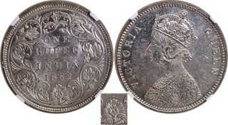 Scarce NGC MS 62 Graded Silver One Rupee Coin of Victoria Queen of Bombay Mint of 1862 of A/II/0/5 Dots.