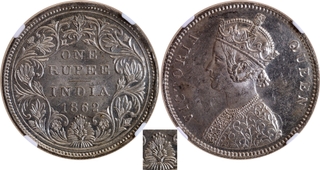 Rare NGC MS 62 Graded Silver One Rupee Coin of Victoria Queen of Bombay Mint of 1862 of A/II/0/5 Dots.