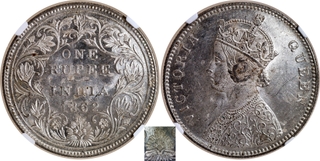 Rare NGC MS 62 Graded Silver One Rupee Coin of Victoria Queen of Bombay Mint of 1862 of A/II/0/6 Dots.