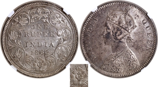 NGC AU 58 Graded Silver One Rupee Coin of Victoria Queen of Bombay Mint of 1862 of A/II/0/6 Dots.