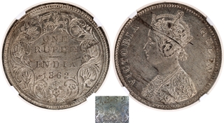Scarce NGC MS 60 Graded Silver One Rupee Coin of Bombay Mint of Victoria Queen of 1862 of A/II/0/6 Dots.