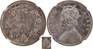 Rare NGC MS 62 Graded Silver One Rupee Coin of Victoria Queen of Bombay Mint of 1862 of A/II/0/7 Dots.