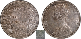 Scarce NGC MS 60 Graded Silver One Rupee Coin of Victoria Queen of Bombay Mint of 1862 of A/II/0/10 Dots.