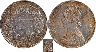 Rare Silver One Rupee Coin of Victoria Queen of Bombay Mint of 1862 of A/II/0/12 Dots.
