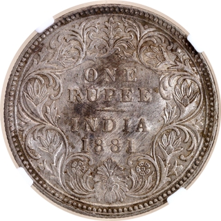 Very Rare NGC AU 55 Graded Silver One Rupee Coin of Victoria Empress of Calcutta Mint of Tough Date of 1881.
