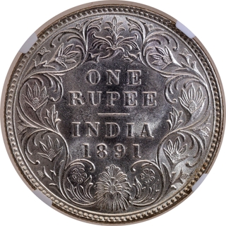 Rare NGC MS 62 Graded Silver One Rupee Coin of Victoria Empress of Bombay Mint of 1891.