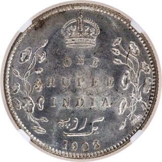 Scarce NGC MS 62 Graded Silver One Rupee Coin of King Edward VII of Bombay Mint of 1903.