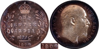 Very Rare 1909 (9 over 8) Silver One Rupee Coin of King Edward VII of Bombay Mint.