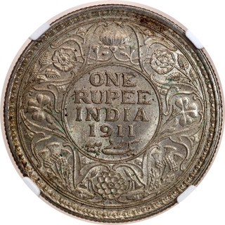 Extremely Rare NGC MS 63 Graded Silver One Rupee Coin of King George V of Bombay Mint of 1911.