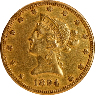 Rare Gold Ten Dollars Coin of United States of America of 1894 of Philadelphia Mint.