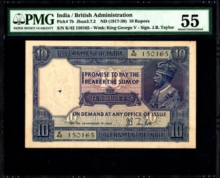 PMG Graded 55 About Uncirculated Ten Rupees Banknote of King George V Signed by J B Taylor of 1926 of British India.
