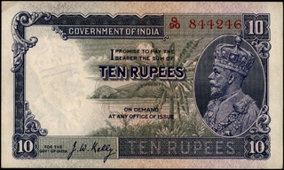 King George V of British India Ten Rupees Banknote of 1935 Signed by J W Kelly.
