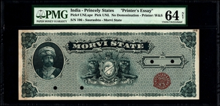 PMG 64 Graded Printers Essay Specimen and Cancelled of Maharaja Shri Sri Waghji II Rawaji.